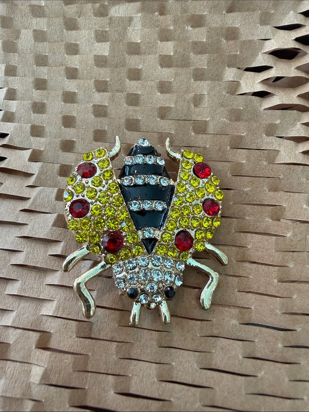 Crystal Beetle Brooch with Yellow and Red Rhinestones